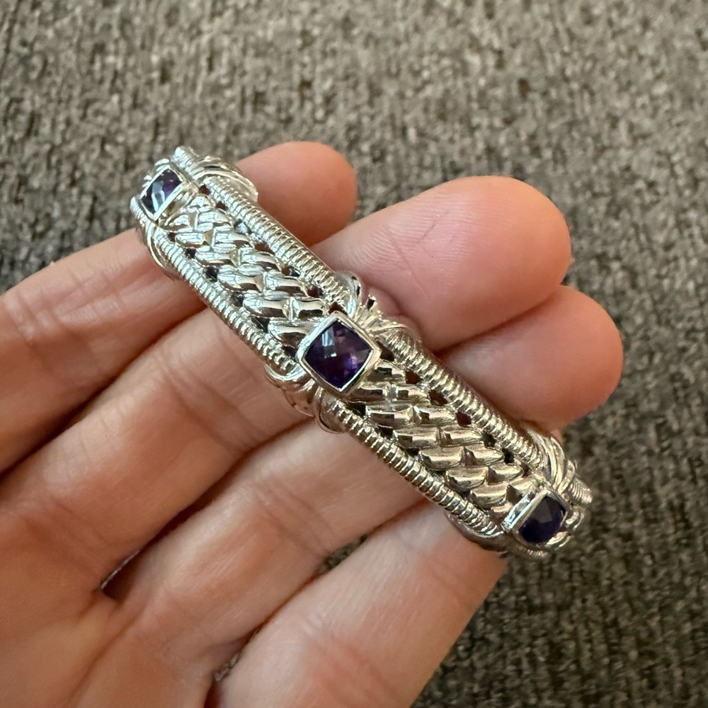 Judith Ripka 925 Sterling Silver Amethyst Woven Hinged Cuff Bracelet .